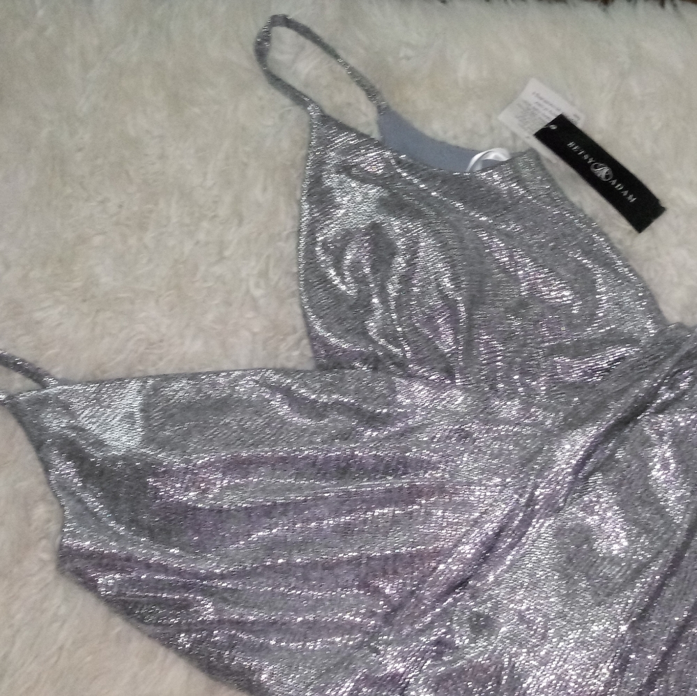 Betsy & Adam Slinky Metallic Slit Gown Size 12 - Picture 6 of 15